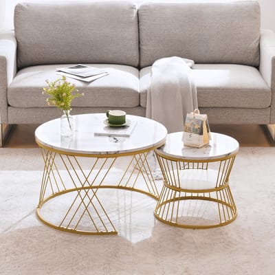 REDOM Set van 2 Salontafels 70x70x47 cm + 45x45x40 cm, MDF met hoogglans marmerprint, goud frame