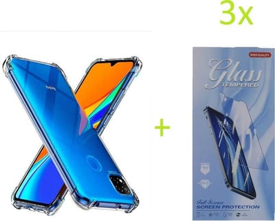 Hoesje Geschikt voor: Xiaomi Redmi 9C - Anti Shock Silicone Bumper - Transparant + 3X Tempered Glass Screenprotector