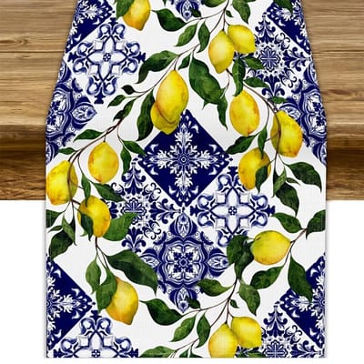 Blauw Tegel Citroen Linnen Tafel Runner voor Commode Sjaal Decor Herbruikbaar Zomer Citroen Bloemen Bladeren Tafel Lopers Vakantie Feest Decor 150x33cm