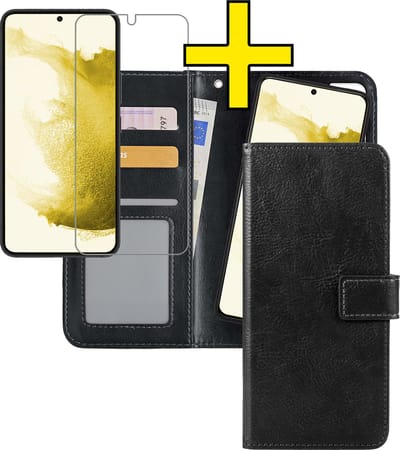 Hoesje - 2 in 1 - Geschikt voor Samsung Galaxy S22 - Met Screenprotector - En Uitneembare Hard Cover - Bookcase - Wallet Case - Met Pasjeshouder - Book Case - Uitneembaar - Pashouder - Kunstleer - Telefoonhoesjes - Zwart