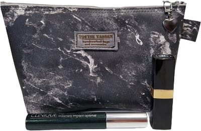 Toetie & Zo - Make-up tasje - Clutch - Leer - Marmer - Medicijnhoesje - Zwart - Grijs - Maat S - 21x13x8