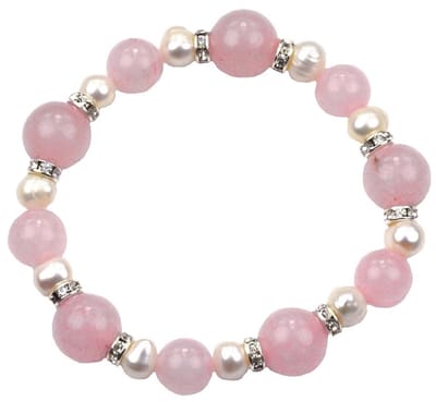 Zoetwater parel armband met edelsteen Bling Pearl W Rosequartz - echte parels - wit - roze - zilver - rozenkwarts - stras steentjes - elastisch - luxe sieraden zakje - parel armband dames - edelstenen armband dames