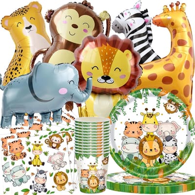 Jungle Safari Verjaardagsdecoratie Set met 66 Delen, inclusief Ballonnen, Dieren Papieren Borden, Bekers en Servetten voor Jongens Verjaardagsfeest