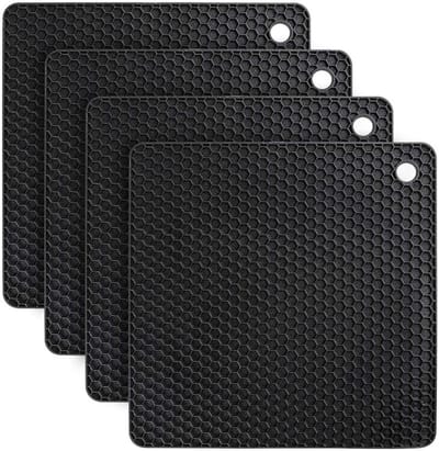 EXCITAT 4 stuks pannenonderzetter - Siliconen warmte-isolerende pad - Vaatwasmachinebestendig - Hittebestendig - Antislip - Hittebestendig tot 250°C - Honingraatpatroon - Zwart