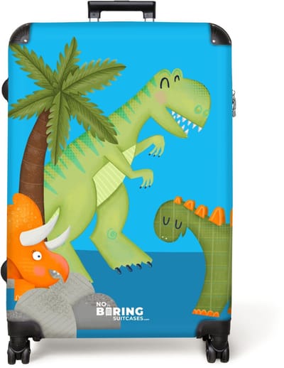 NoBoringSuitcases.com® - Koffer groot - Reiskoffer lichtgewicht - Groene en oranje dino's met blauwe achtergrond - Rolkoffer met 4 wielen - Grote trolley XL - 98 liter bagage