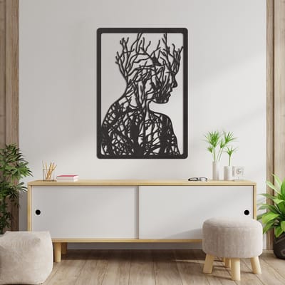 Wanddecoratie - Vrouw Uit Takken En Bomen - Dieren - Hout - Wall Line Art - Muurdecoratie - Woonkamer - Slaapkamer - Om Aan De Muur Te Hangen - Zwart - 85 x 59 cm