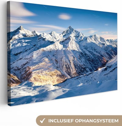 Canvas Schilderij Alpen - Berg - Sneeuw - 90x60 cm - Wanddecoratie