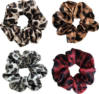 Scrunchie kraagjeskopen.nl - panterprint beige groen bruin rood satijn exclusief haarwokkel haarelastiek - 4 stuks - extra groot - scrunchies