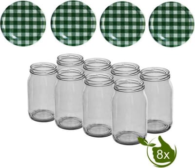 Glazenpotten - glazen pot - inmaak 900 ml met twist-off deksel groen/wit blok design 8 stuks