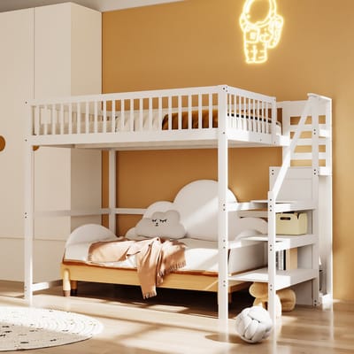 Kinderhoogslaper - 140x200 cm - Met Trap, Opbergrek En Kast - Hout - Wit