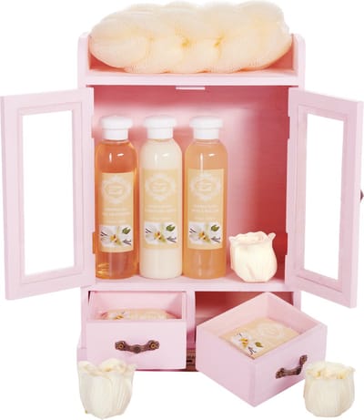 BRUBAKER Cosmetics - 10-delige Bad- en Verzorgingsset - Vanille - in een Vintage Houten Kastje Wit - Cadeau - Kerstcadeau - Bodylotion - Douchegel - Moederdag Cadeautje