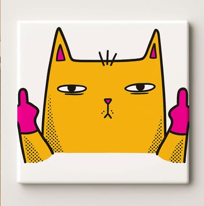 Grappige Brutale Kat Kunsttegel – 15x15 cm Keramische Wanddecoratie met Attitude – Stoer en Humoristisch Cadeau voor Kattenliefhebbers