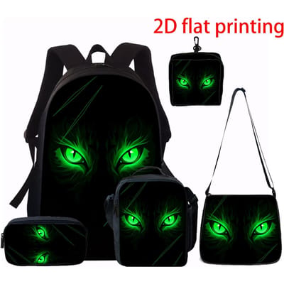 1/2/3/4/5 stuks Rugzak Set met Groene Ogen Print Lichtgewicht Dagelijkse Grote Capaciteit Schooltas Reistas met Schoudertas Etui
