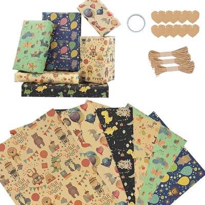 Verjaardagscadeau Inpakset met 7 Stukken Cadeaupapier en 2 Rollen Lint, Feestelijke Inpakmaterialen voor Verjaardag en Kerst (70 x 50 cm) - Dieren Thema