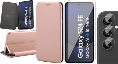 Hoesje geschikt voor Samsung Galaxy S24 FE - Screenprotector Glas & Camera - Wallet Book Case Rosegoud
