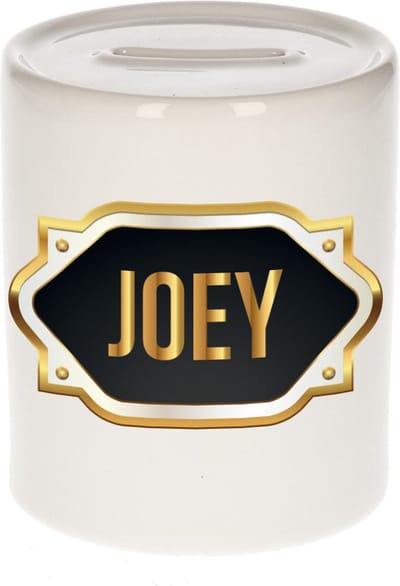 Spaarpot met voornaam Joey - wit - met goud/zwart embleem - 8 x 9 cm - keramiek - met afsluitdop - cadeau verjaardag