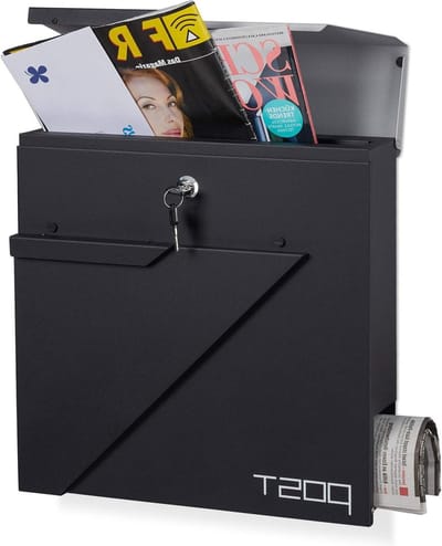 Afsluitbare brievenbus met krantenrol - DIN A4 formaat - Design brievenbus - 37 x 37 x 13 cm - Zwart zilver - Verzinkt staal - Standaard