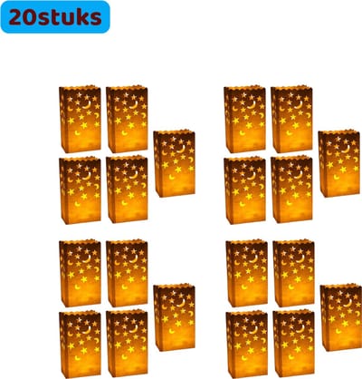 20 stuks - Kaarsenzakjes - Glow in the Dark Vlamvertragend - met Ster- en Maanpatroon - Herbruikbare feestlichtzakjes - Veilige sfeerverlichting voor bruiloften en Valentijnsdag - Wit