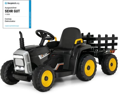 COSTWAY 12V trekker met 3 snelheden, afneembare aanhanger en 2.4G afstandsbediening, zitmaaier voor kinderen met LED-verlichting, muziek, claxon & USB-functies voor kinderen vanaf 3 jaar (zwart)