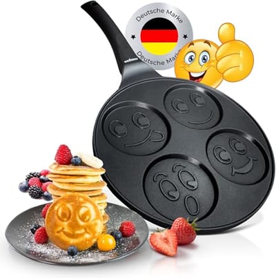 Kinderen Pannenkoekenpan - Smiley Pan - Ontbijt Maken - 4 Mini Vormen - 26 cm - Zwart