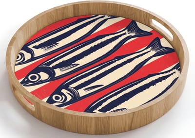 Dienblad rond 40x40 cm - Schootdienblad hout - Sardines - Rood en beige strepen - Borrelplank rechthoek - Plateau houten dienbladen