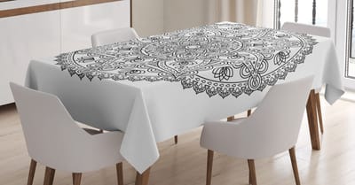 ABAKUHAUS Lotus Tafelkleed – Rond, Boho-motief, 140x240 cm, Grijs