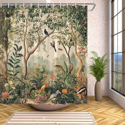 1 Stuk Botanisch Jungle Douchegordijn - Tropisch Bos Ontwerp, Exotische Vogels & Dieren, Weelderig Groen, Rode Oranje Bloemen, Polyester W200H180(CM)-1 Pcs