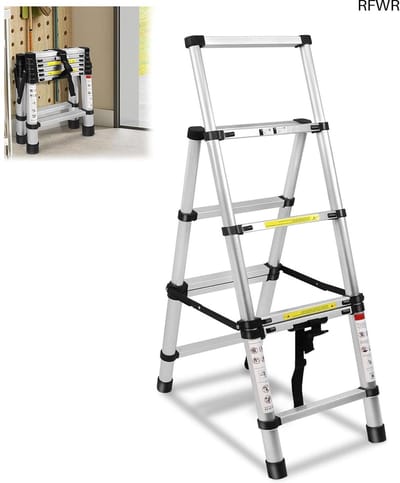 RFWR® Telescopische ladder 1,4 m + 1,7 m - Vouwladder met antislip treden, multifunctionele A-frame ladder, maximaal draagvermogen 150 kg