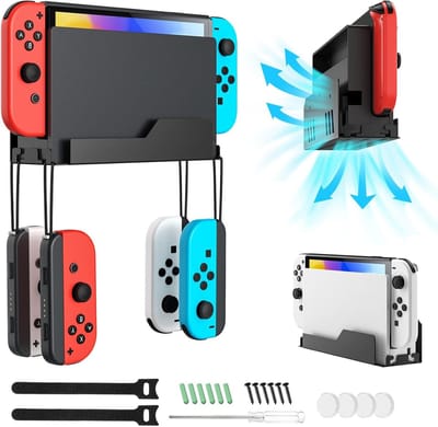 Wandhouder voor Nintendo Switch en Switch OLED, metalen design met 4 Joy-Con haken, optimale warmteafvoer en handige opslag achter de tv