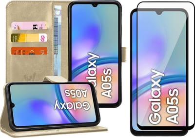 Hoesje geschikt voor Samsung Galaxy A05s - Screenprotector Volledig Dekkend Glas - Portemonnee Book Case Goud