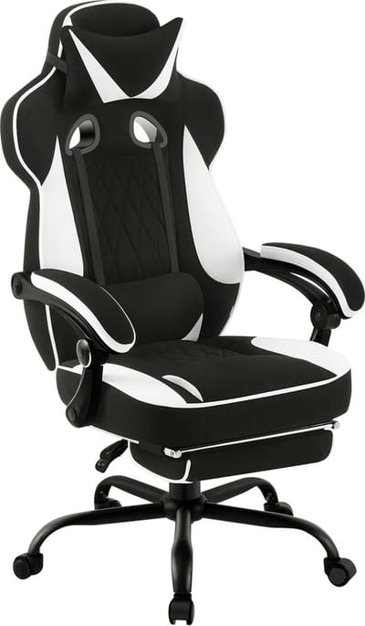 BukkitBow - Ergonomische Gamingstoel / Bureaustoel - Kunstleder of Mesh met Metalen Onderstel - Verstelbaar in Hoogte: 48-55,5CM - Zwart / Wit (Mesh)