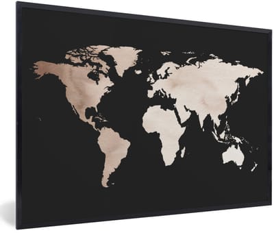 Poster in lijst - Fotolijst 120x80 cm - Posters - Wereldkaart - Bruin - zwart - Posterlijst zwart - Decoratie - Wanddecoratie woonkamer - Muurdecoratie slaapkamer