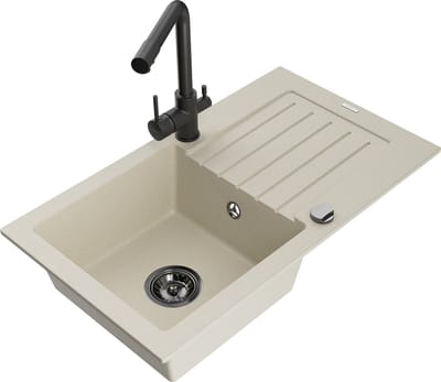Mexen Pablo granieten spoelbak met 1 kamer en afdruiprek en Duero keukenkraan, beige - 6510-69-671600-70