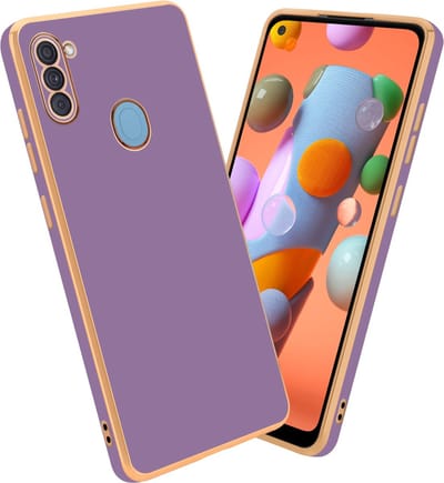 Cadorabo Hoesje geschikt voor Samsung Galaxy A11 / M11 in Glossy Paars - Goud - Beschermhoes Case Cover van flexibel TPU-silicone en met camerabescherming