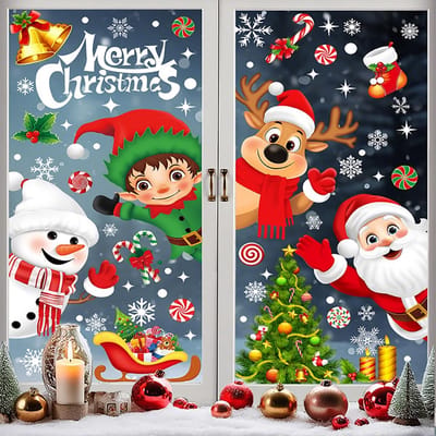Kerstraamstickers - Winterdecoratie - Huis Versieren - Herbruikbaar Zonder Lijm - 9 Vellen - Multicolor
