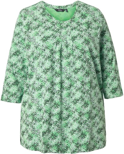 Ulla Popken - Dames - Shirt bloemen A-lijn ronde hals 3/4-mouwen - Appelgroen - Maat 42+