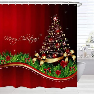 Rood Kerst Douchegordijn Kerstboom Print Badgordijn Woondecoratie Wintervakantie Nieuwjaar Thuis Badkamer Gordijnen met Haken 90x180cm-35x70in black