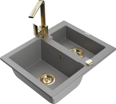 Mexen Carlos granieten spoelbak 1,5-kamer met keukenmengkraan Rita, grijs - 6518-71-670300-50