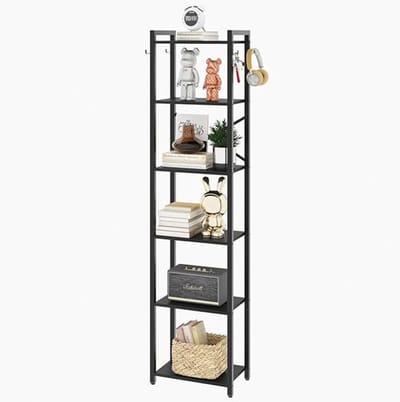 Boekenrek, 6 verdiepingen opbergrek, plantenrek, opbergrek met stalen frame, voor woonkamer, kantoor, werkkamer, hal, industriële stijl, zwart