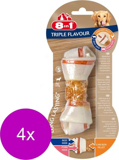 8in1 Delights Kauwknook Triple Flavour Kip&Varken&Rund - Hondensnacks - 4 x S