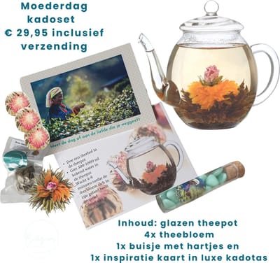 Luxe thee set - borosilicaat glazen theepot 500 ml - met ansichtkaart - 4 bloemen en hartjes