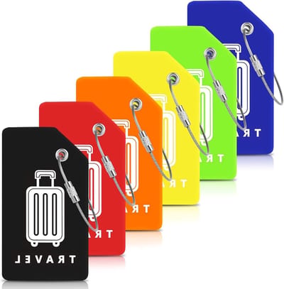 Siliconen Bagage Tags Set van 6 Stuks met RVS Koorden voor Persoonlijke Informatie, Perfect voor Reizen en Koffers (Multikleur)