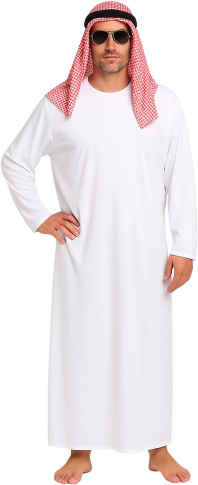 Joya Party® Arabier Verkleedpak Volwassenen | 3-delig Luxe Wit Gewaad met Rode Hoofddoek & Zwarte Band | Arabisch Kostuum Carnaval & Halloween | Arabische Sjeik Outfit | 1001 Nacht | Carnavalskleding Heren | Verkleedkleren Man | 1 Maat