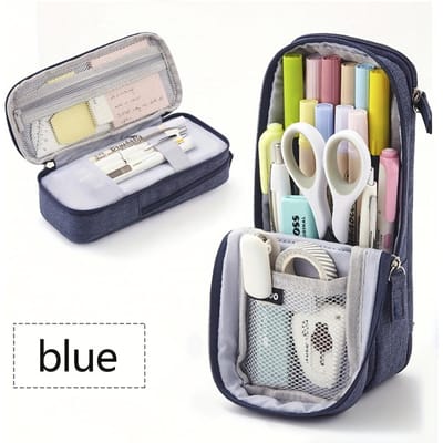 Trousse à crayons portable double couche avec support de téléphone debout Tissu Oxford durable, Idéale pour les collégiens et lycéens, Pochette à crayons bleu