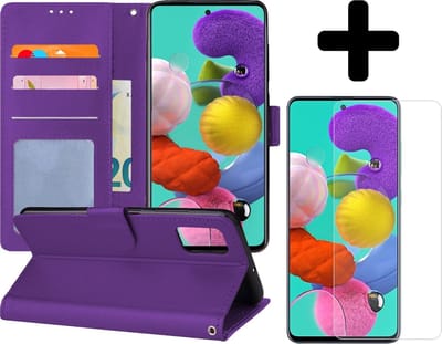 Hoesje - Met Screenprotector - Geschikt voor Samsung Galaxy A51 - Luxe Pasjeshouder - Flipcase - Bookcase Portemonee - Flip Case - Kunstleer Book Case - Book Cover - Walletcase - Portemonneehoes - Telefoonhoes - Paars