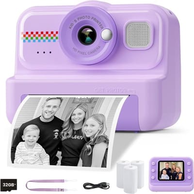 Kindercamera met instant printfunctie - 1080p HD - 3 rollen printpapier - 64 GB geheugenkaart - Paars