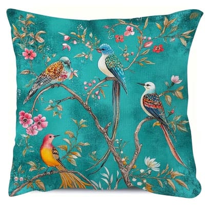 Sierkussenhoes 45x45 cm met Vogels en Bloemen – Turquoise Kussenhoes met Vogelprint – Decoratieve Kussenhoes voor Bank of Slaapkamer – Exclusief Binnenkussen