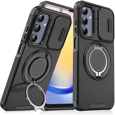 Hoesje Geschikt voor Samsung Galaxy A15 hoesje Zwart backcover met Met Draaibare Ring Houder en camera bescherming