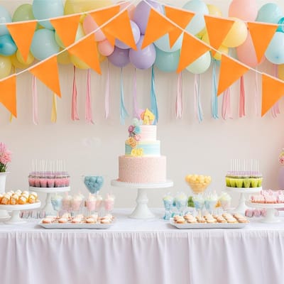 20M Lange Oranje Vlaggenbanner met 52 Stuks Stoffen Driehoek Vlaggen voor Feestjes, Tuin Decoraties en Babyshowers