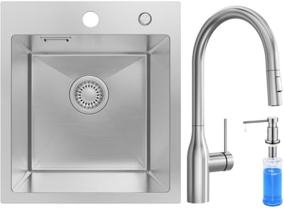 SOFETIY MAX Spoelbak voor keuken 40x45 cm - Spoelbak Keuken Met Uittrekbare Uitloop Keukenkraan en Zeepdispenser 300ML - Spoelbakken Keuken Geborsteld RVS - Wasbak Keuken - Voor Kasten van 40 cm